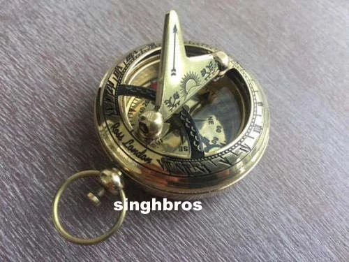 Antique Brass Pocket Sundial Compass — Push Button Marine Design — close-up | SinghBros Mart