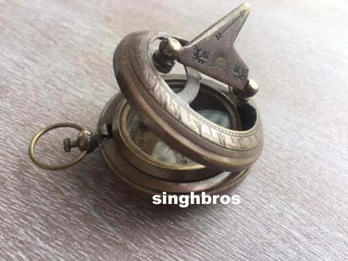 Antique Brass Pocket Sundial Compass — Push Button Marine Design — detail view | SinghBros Mart