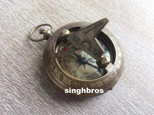 Antique Brass Pocket Sundial Compass — Push Button Marine Design — Handmade Antique Replica | SinghBros Mart