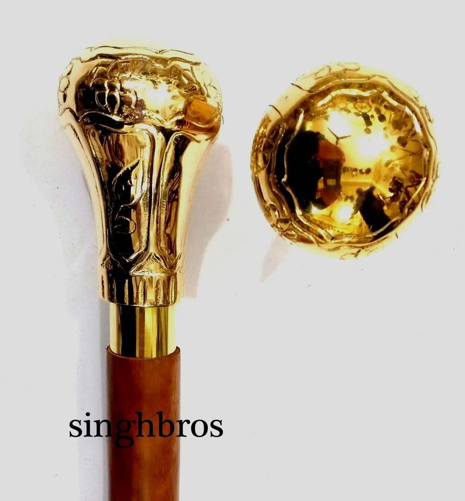 Nautical Brass Walking Stick — Handcrafted Wooden Cane 37" — close-up | SinghBros Mart