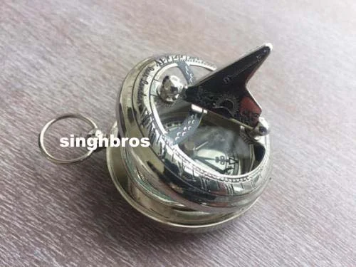 Maritime Push Button Pocket Compass with Chain — Chrome Brass — angle view | SinghBros Mart