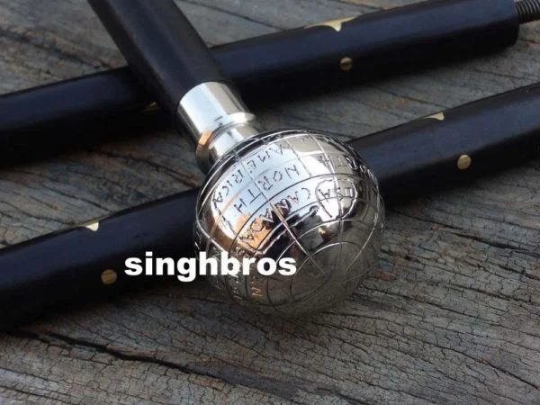 Vintage Nautical Globe Handle Walking Cane — 37 Inch Wooden — detail view | SinghBros Mart
