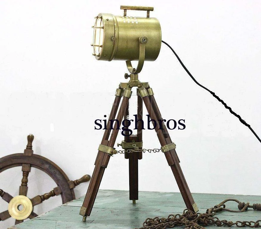 Vintage Tripod Spotlight Table Lamp — Antique Brass Finish — Handmade Antique Replica | SinghBros Mart