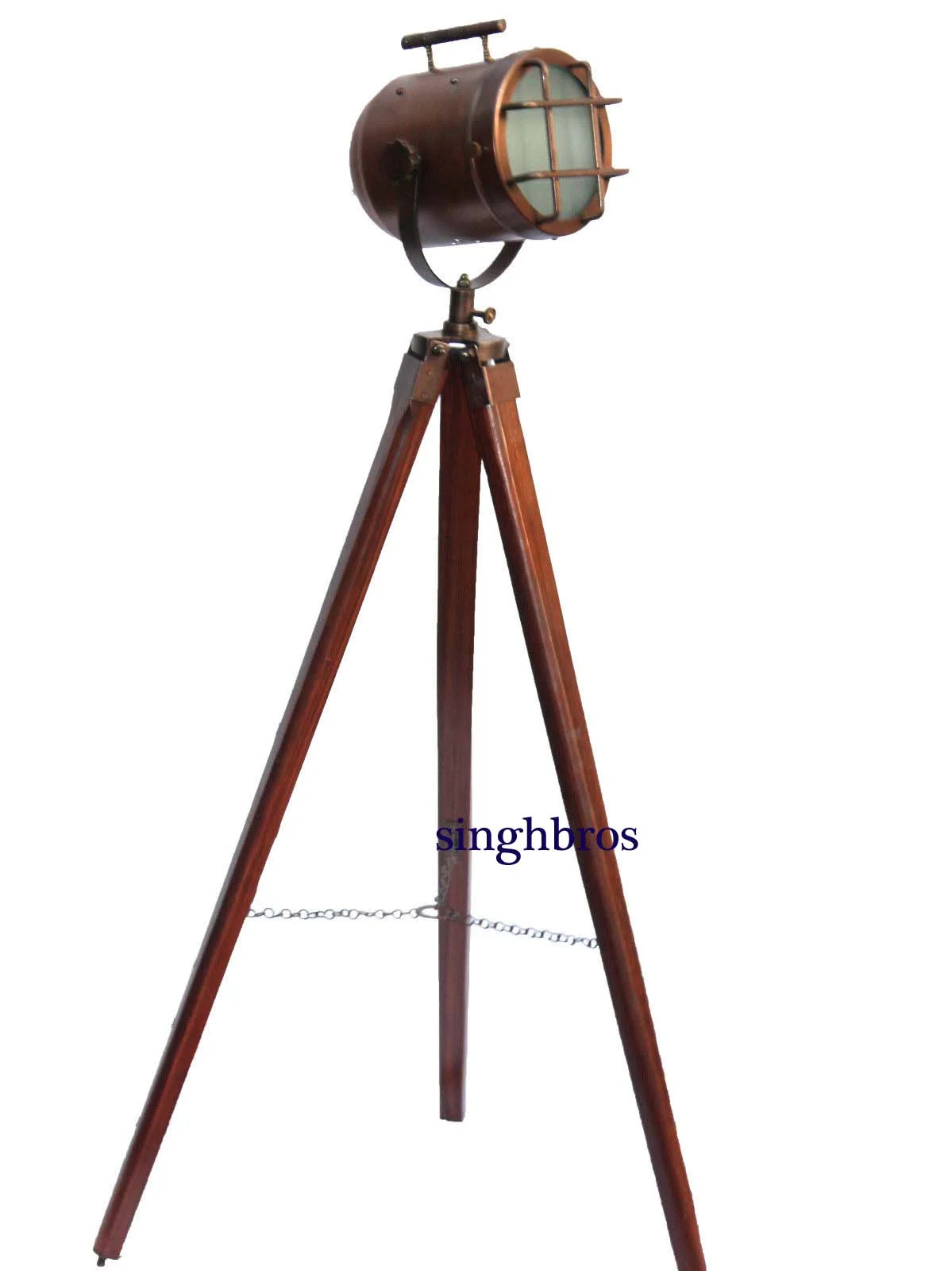 Nautical Tripod Floor Lamp — Copper Searchlight Spotlight — detail view | SinghBros Mart
