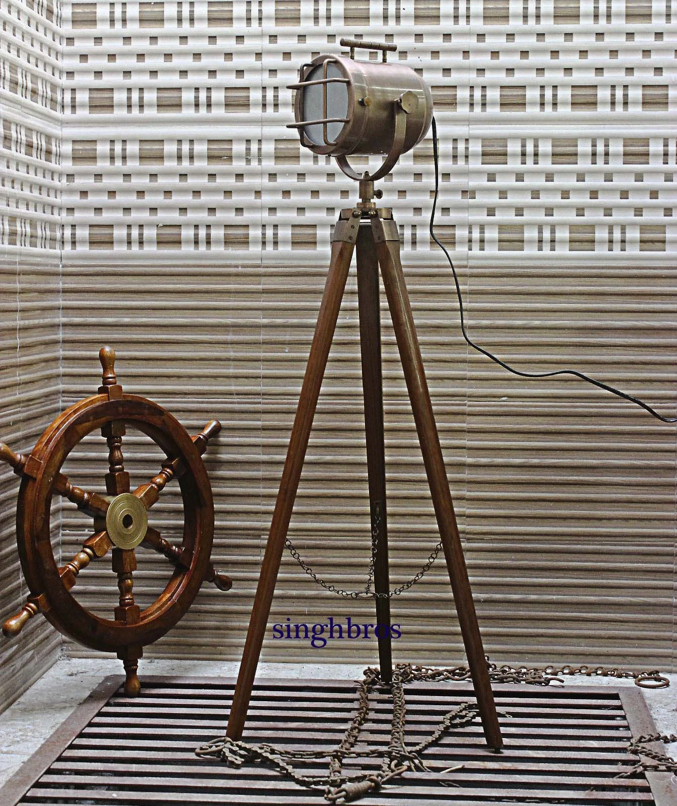 Nautical Tripod Floor Lamp — Copper Searchlight Spotlight — Handmade Antique Replica | SinghBros Mart