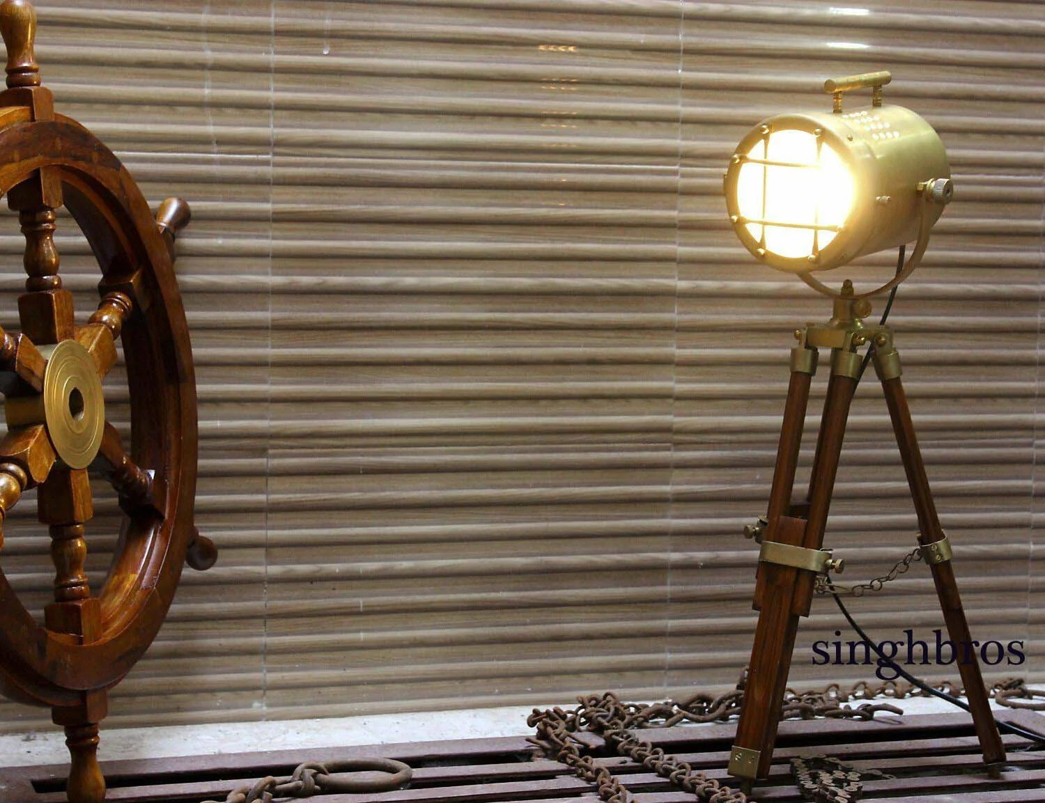 Vintage Nautical Spotlight Lamp — Brass Tripod Stand 22" — Handmade Antique Replica | SinghBros Mart