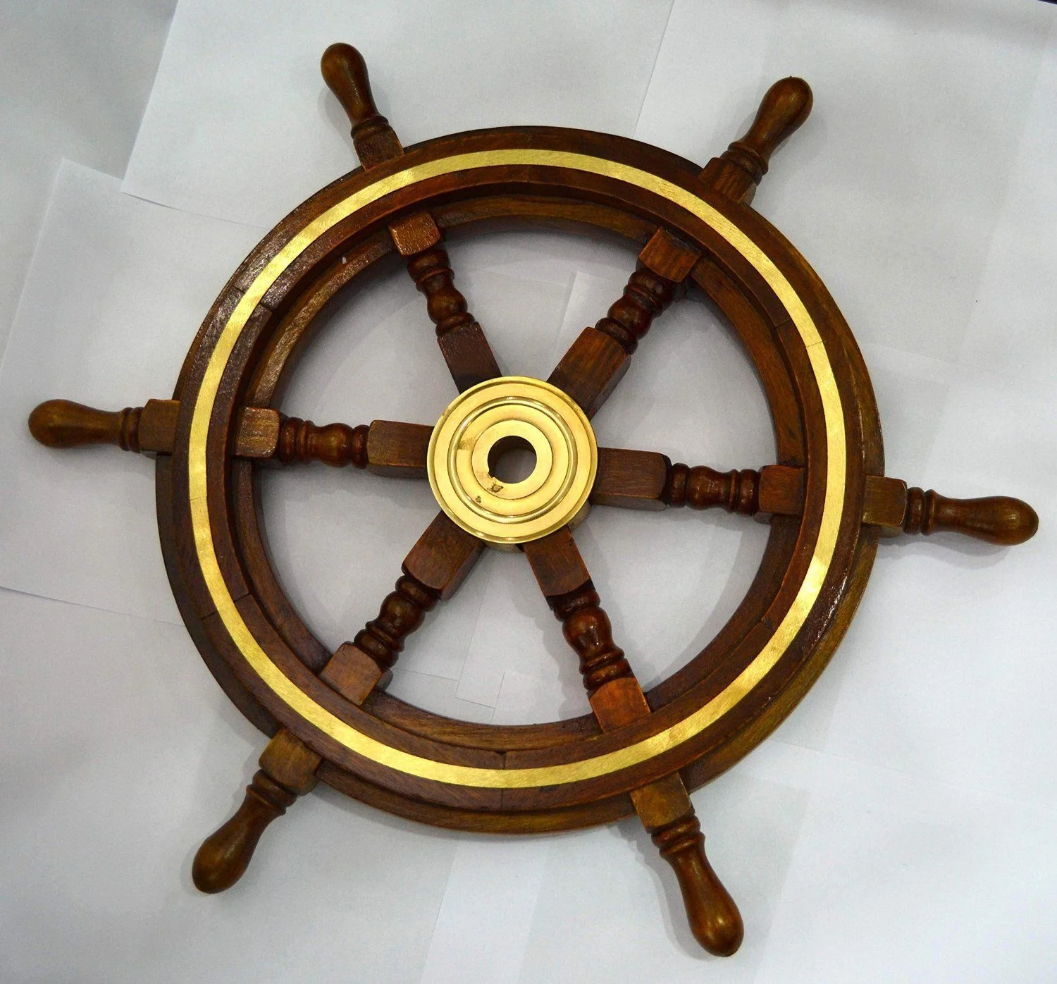 Nautical Ship Wheel Wall Decor — Brass Accents Wooden Helm — Handmade Antique Replica | SinghBros Mart
