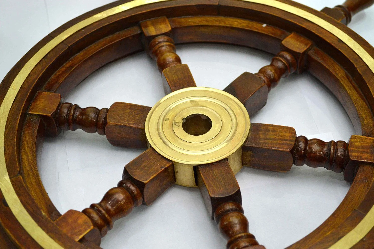 Nautical Ship Wheel Wall Decor — Brass Accents Wooden Helm — detail view | SinghBros Mart