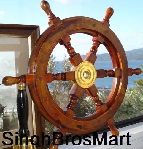 Wooden Ship Wheel — 18 Inch Brass Nautical Decor — Handmade Antique Replica | SinghBros Mart
