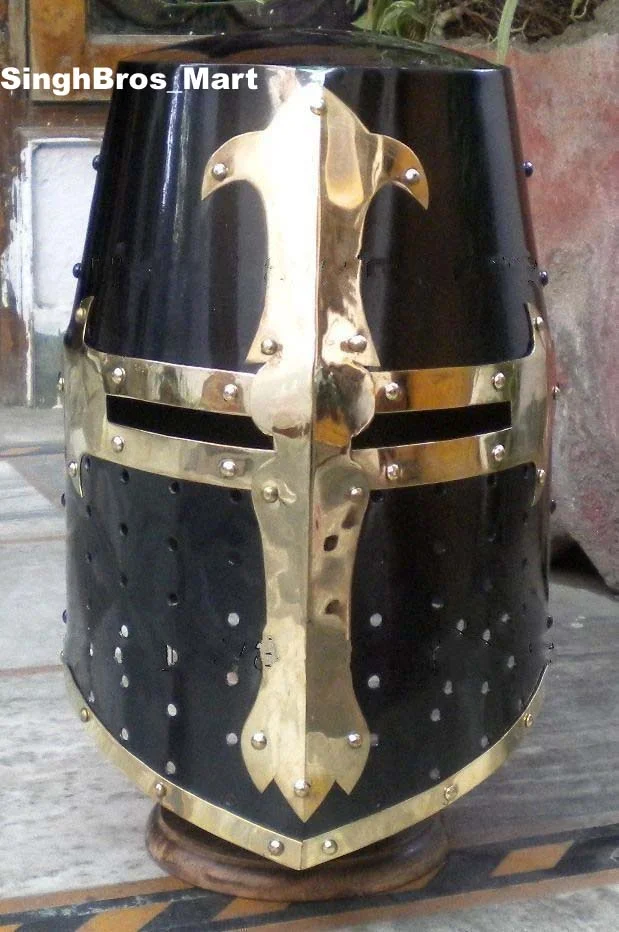 Medieval Crusader Helmet — 18 Gauge Steel with Brass Cross — Handmade Antique Replica | SinghBros Mart