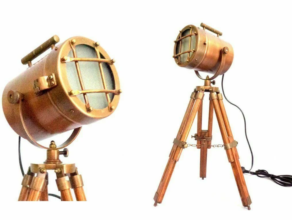 Nautical Spotlight Table Lamp — Brown Tripod Stand 22 Inch — Handmade Antique Replica | SinghBros Mart