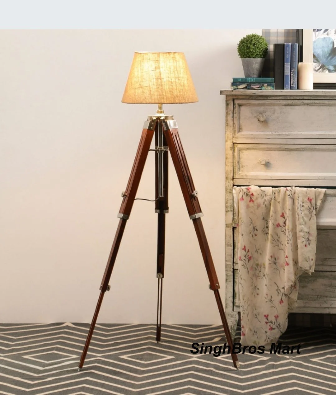 Nautical Tripod Floor Lamp — Handmade Teak Wood 55 Inches — close-up | SinghBros Mart