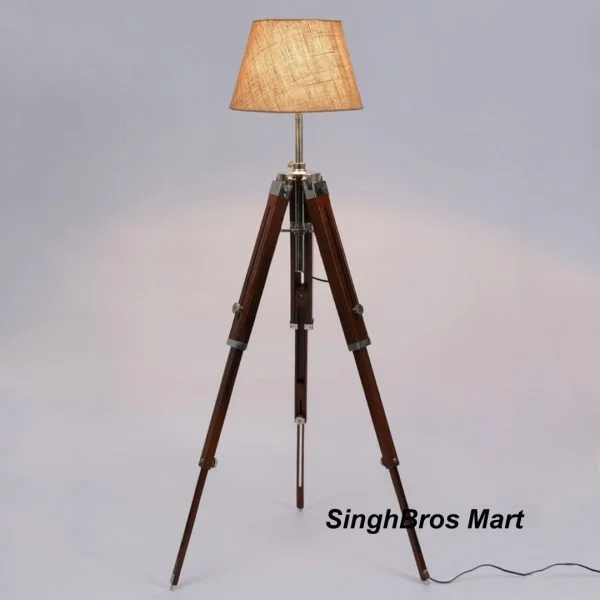 Nautical Tripod Floor Lamp — Chrome &amp; Brown Wood Finish — detail view | SinghBros Mart