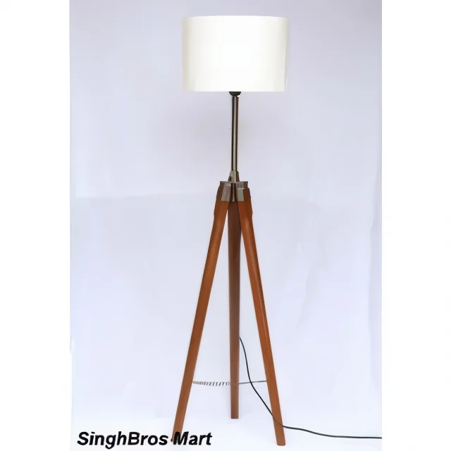 Tripod Floor Lamp — Antique Brass Finish with Wood Stand — Handmade Antique Replica | SinghBros Mart