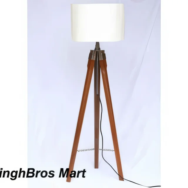 Tripod Floor Lamp — Antique Brass Finish with Wood Stand — detail view | SinghBros Mart