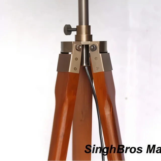 Tripod Floor Lamp — Antique Brass Finish with Wood Stand — close-up | SinghBros Mart