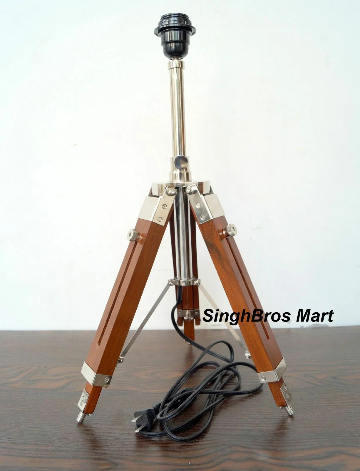 Nautical LED Tripod Table Lamp — Chrome Finish with Wood Stand — detail view | SinghBros Mart