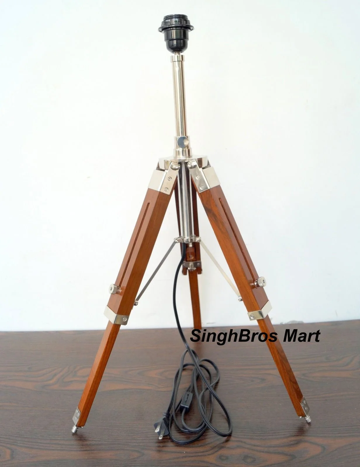 Nautical LED Tripod Table Lamp — Chrome Finish with Wood Stand — Handmade Antique Replica | SinghBros Mart