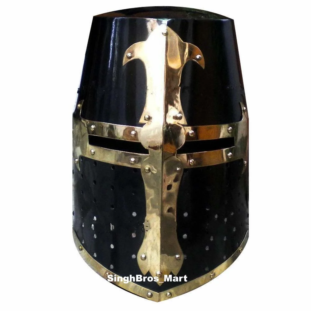 Medieval Crusader Helmet — 18 Gauge Steel with Brass Cross — detail view | SinghBros Mart