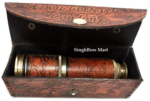 Brass Pirate Telescope with Leather Wrap — 16.5" Vintage Spyglass — close-up | SinghBros Mart