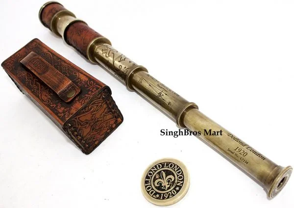Brass Pirate Telescope with Leather Wrap — 16.5" Vintage Spyglass — angle view | SinghBros Mart