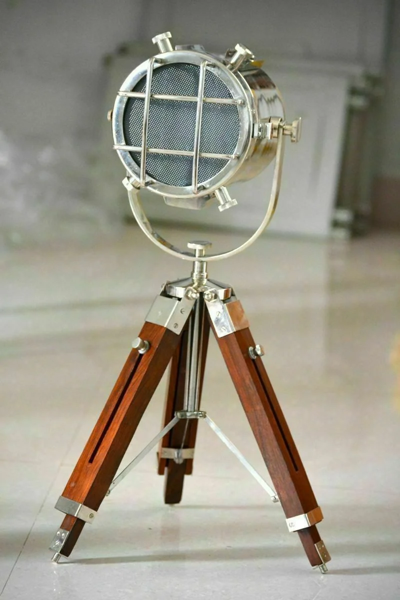 Nautical Searchlight Table Lamp — Chrome with Brown Tripod — Handmade Antique Replica | SinghBros Mart