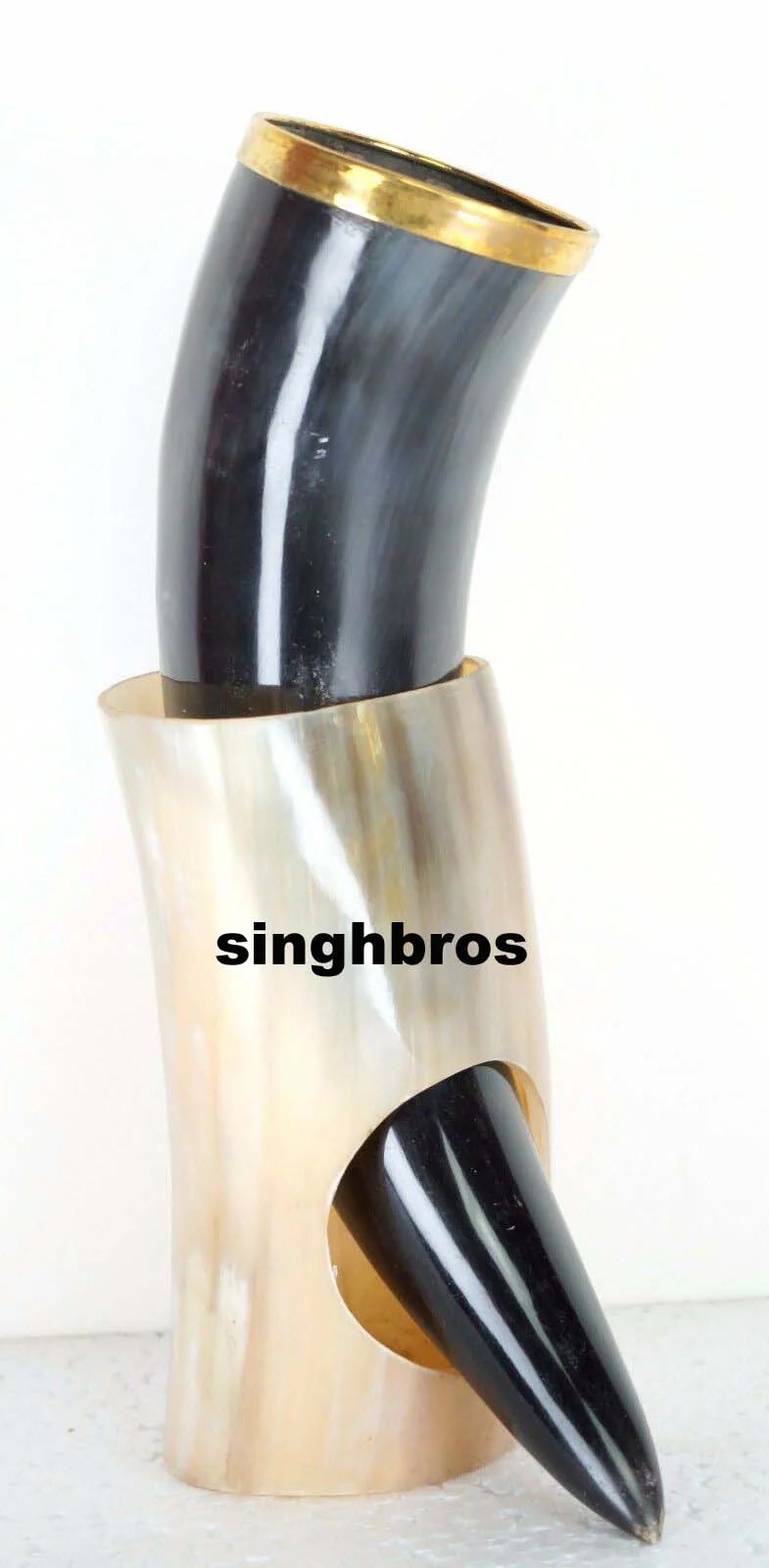Medieval Viking Drinking Horn with Brass Stand — 10-12 Inches — Handmade Antique Replica | SinghBros Mart