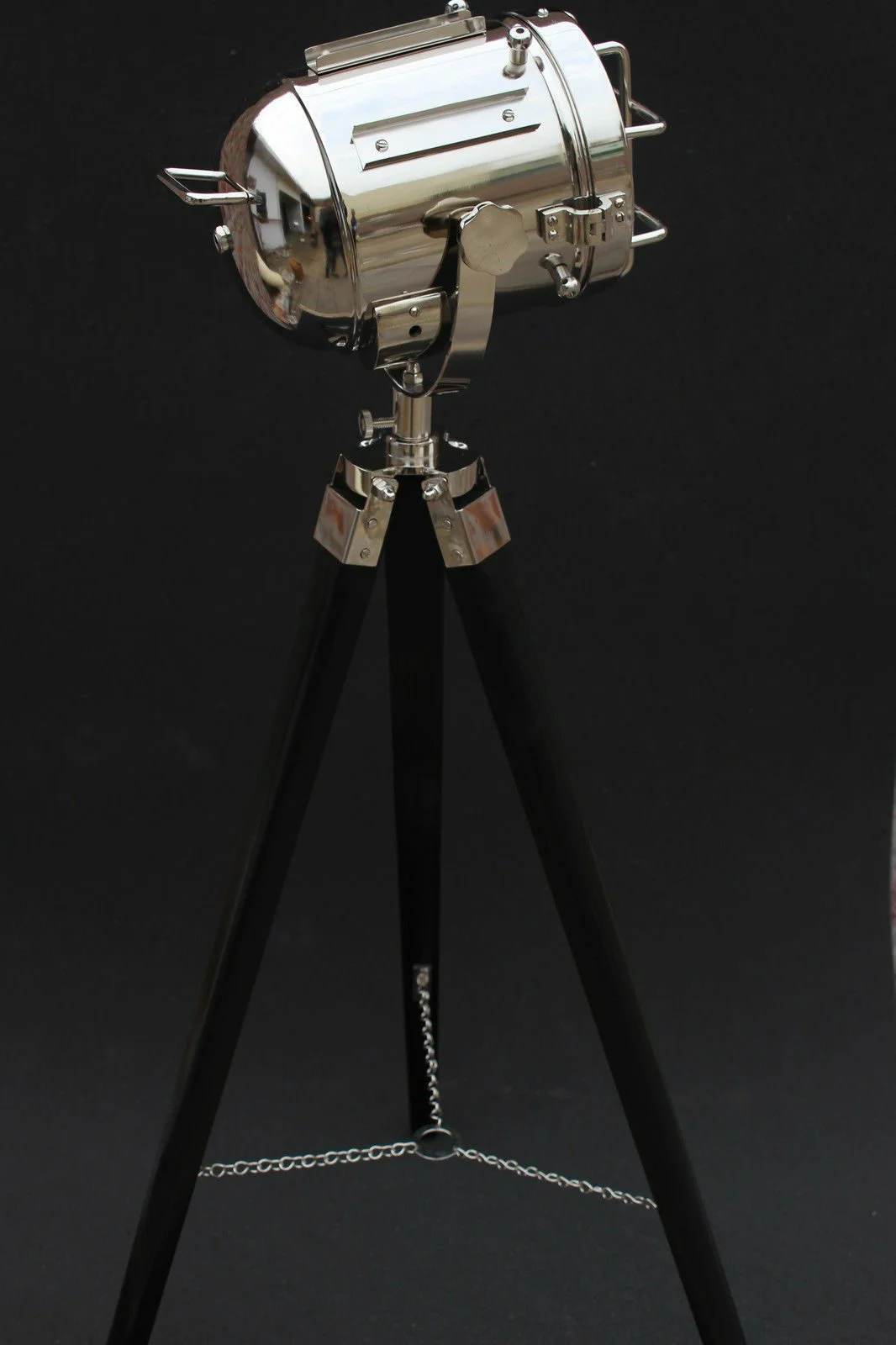 Nautical Tripod Floor Lamp — Chrome Spotlight Wooden Stand — detail view | SinghBros Mart