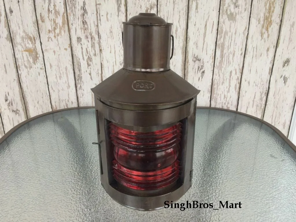 Starboard Ship Lantern — Red Fresnel Glass Oil Lamp 10.25"