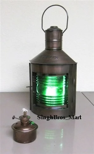 Nautical Ship Lantern — Green Fresnel Lens Starboard Oil Lamp — Handmade Antique Replica | SinghBros Mart