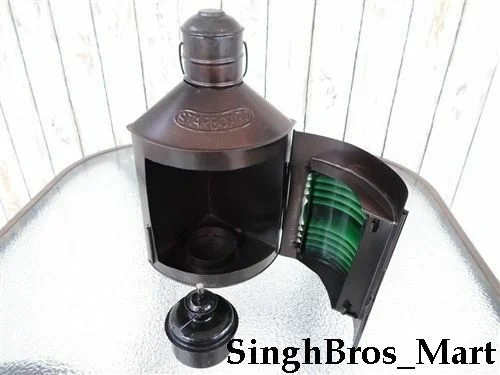 Nautical Ship Lantern — Green Fresnel Lens Starboard Oil Lamp — close-up | SinghBros Mart