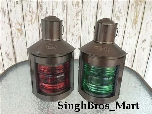 Nautical Ship Oil Lanterns Set — Port and Starboard Fresnel Lens — Handmade Antique Replica | SinghBros Mart