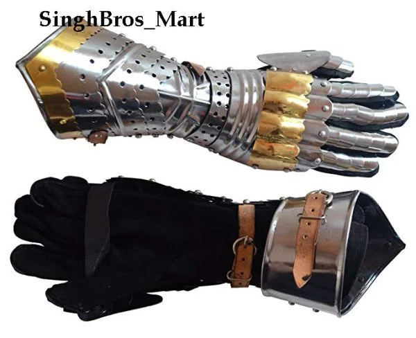 Medieval Steel Gauntlet with Brass Accents — 18 Gauge Armor — detail view | SinghBros Mart