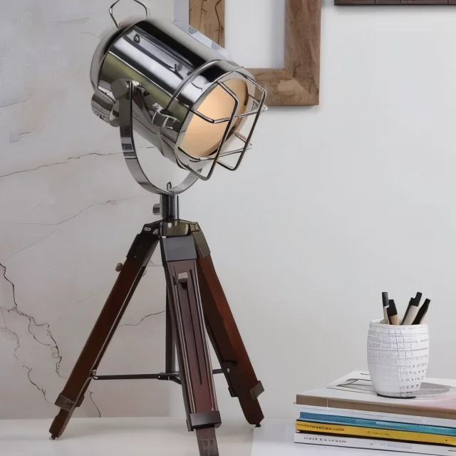 Vintage Nautical Tripod Spotlight Lamp — Chrome &amp; Wood — close-up | SinghBros Mart