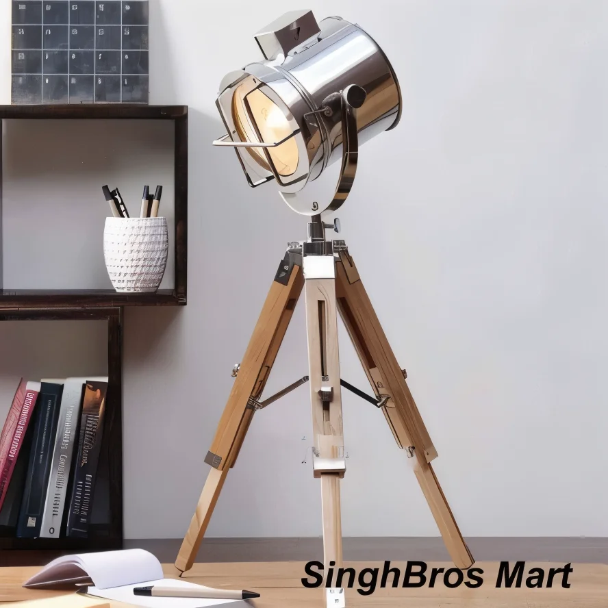 Vintage Nautical Tripod Spotlight Lamp — Chrome & Wood — Handmade Antique Replica | SinghBros Mart