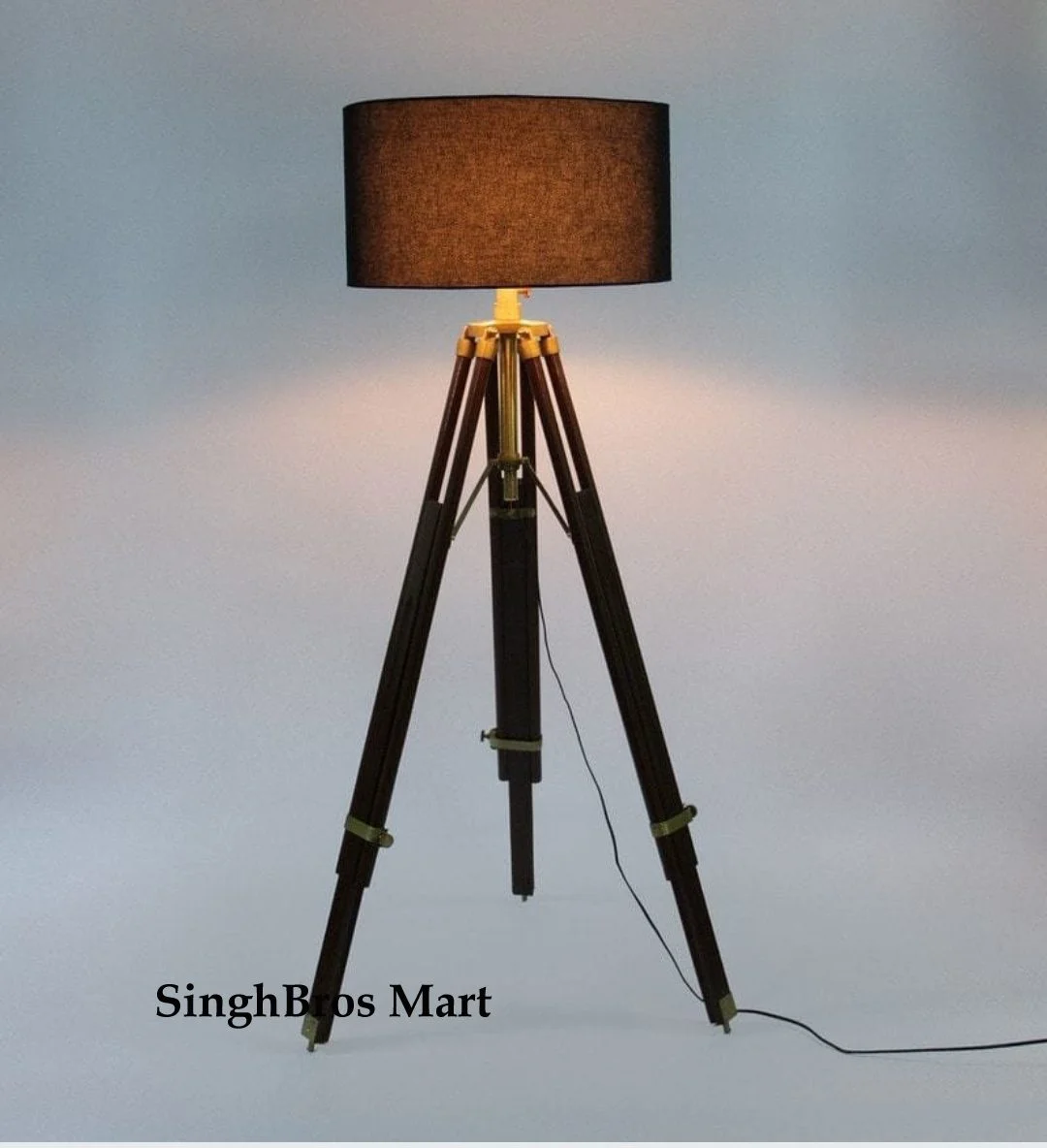 Nautical Tripod Floor Lamp — 70 Inch Brass & Wood Stand — Handmade Antique Replica | SinghBros Mart