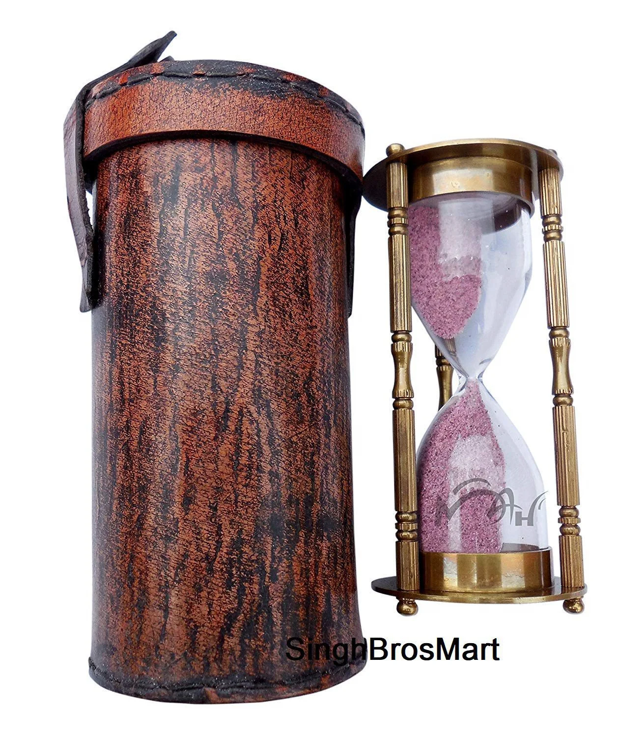 Vintage Brass Sand Timer with Protective Leather Case — Handmade Antique Replica | SinghBros Mart