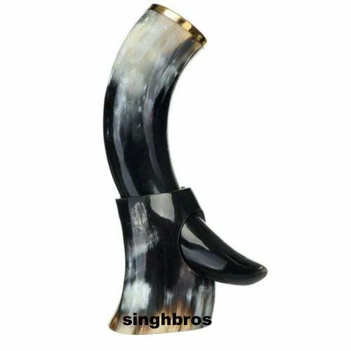 Viking Drinking Horn Mug — Polished with Brass Stand 10-12" — Handmade Antique Replica | SinghBros Mart