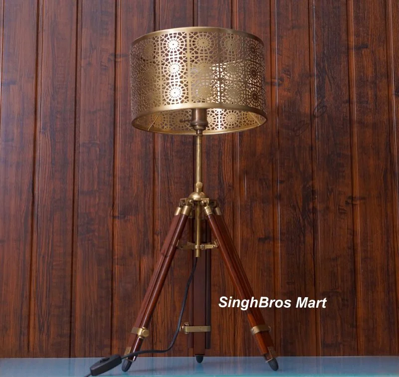 Antique Brass Tripod Table Lamp — Adjustable Industrial Style — angle view | SinghBros Mart