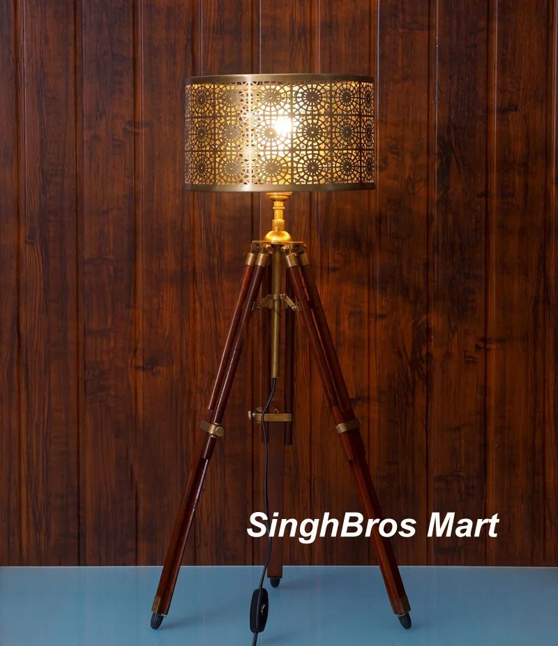 Antique Brass Tripod Table Lamp — Adjustable Industrial Style — detail view | SinghBros Mart