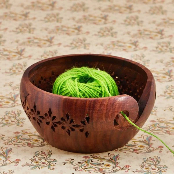 Wooden Yarn Bowl for Knitting — Handmade Storage Organizer — close-up | SinghBros Mart