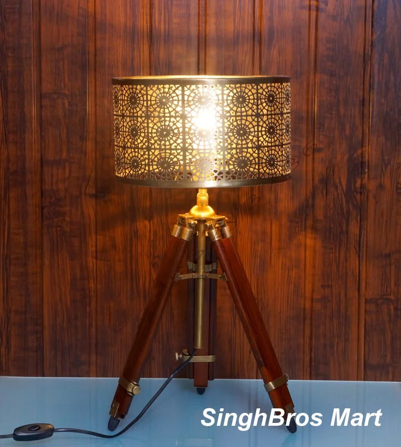 Antique Brass Tripod Table Lamp — Adjustable Industrial Style — close-up | SinghBros Mart