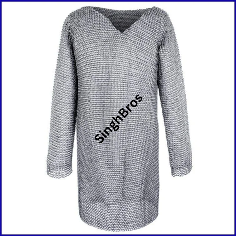 Medieval Chainmail Hauberk — Flat Riveted 9mm Rings 54" Chest — detail view | SinghBros Mart