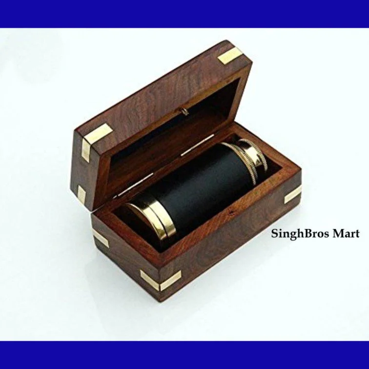 Brass Nautical Telescope — Vintage Pullout with Wooden Box
 compact 6" — detail view | SinghBros Mart