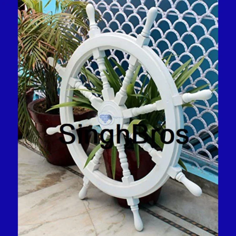 Decorative Ship Wheel — 24" White & Aqua Nautical Decor — Handmade Antique Replica | SinghBros Mart