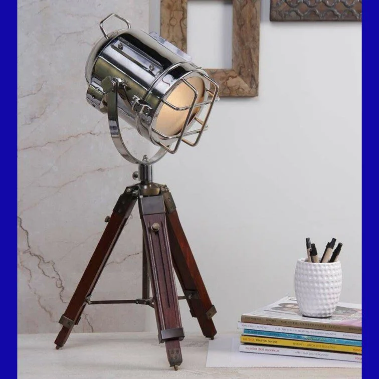 Nautical Tripod Table Lamp — Handcrafted Teak Wood Stand — Handmade Antique Replica | SinghBros Mart