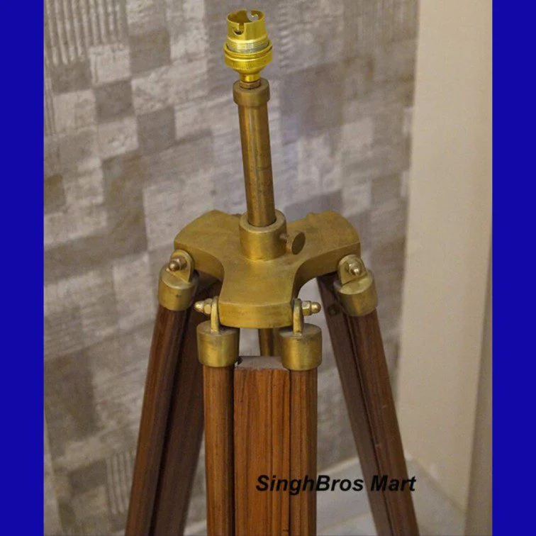Vintage Wooden Tripod Floor Lamp — Antique Brass Finish — close-up | SinghBros Mart